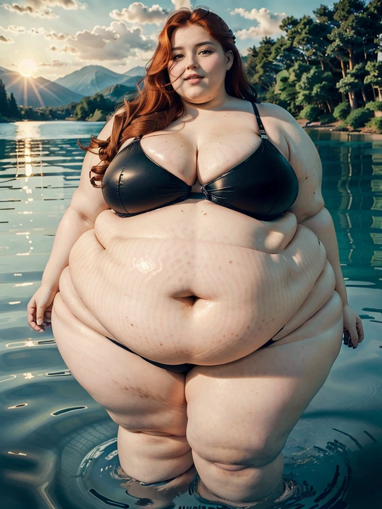 The most beautiful very obese young obese ussbbw fat redhead woman with long rich curly natural ginger hair, natural beautiful cute face, blue eyes, freckles on face and body, obese ussbbw fat feminine body, huge e bloated soft belly, very wide hips and large fat booty, fat arms, thicc fat wide obese legs in a tight bikini in a lake at sunset
