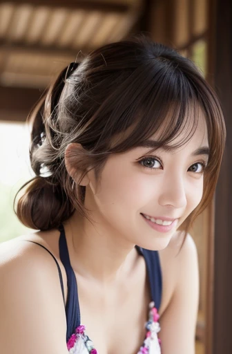 masterpiece:1.3), (8K, Realistic, RAW Photos, Best image quality: 1.4), Japanese schoolgirl、(Random Hairstyles:1.2)、Highly detailed face、Attention to detail、double eyelid、Chest to chest、Sharp focus:1.2、Beautiful woman:1.4、Light brown hair、Highest quality、masterpiece、Ultra-high resolution、(Realistic:1.4)、に詳細でプロフェッショナルに照らされたsmile、Loose、Summer clothes、thin、smile、Short-haired、Deadly position、Hair Bun、whole body、Swimwear、