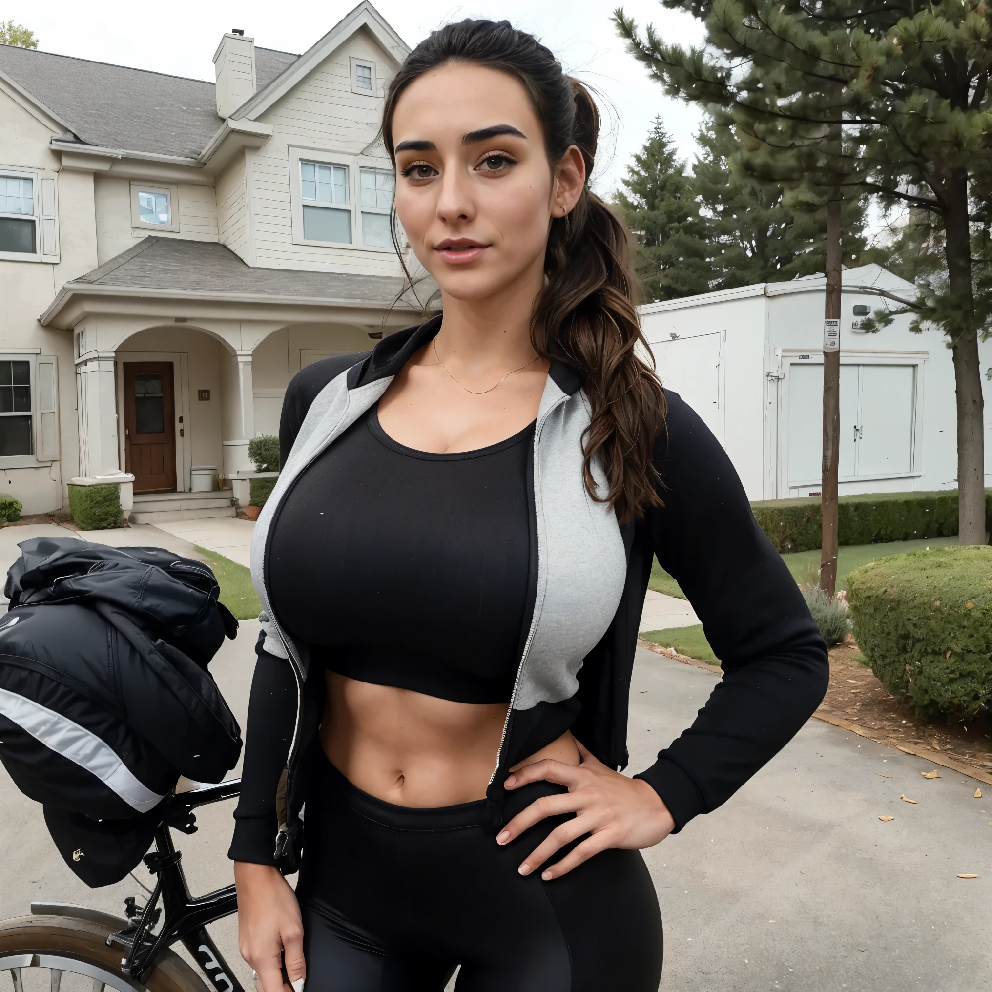 Extremely busty thin and toned brunette cyclist, college girl, fair skin, loose updo, soft face, athletic, tight cycling jacket, sunglasses, compression shorts. standing in front of her house, outdoors, driveway, suburbs, bicycle attire, unzipped, cleavage