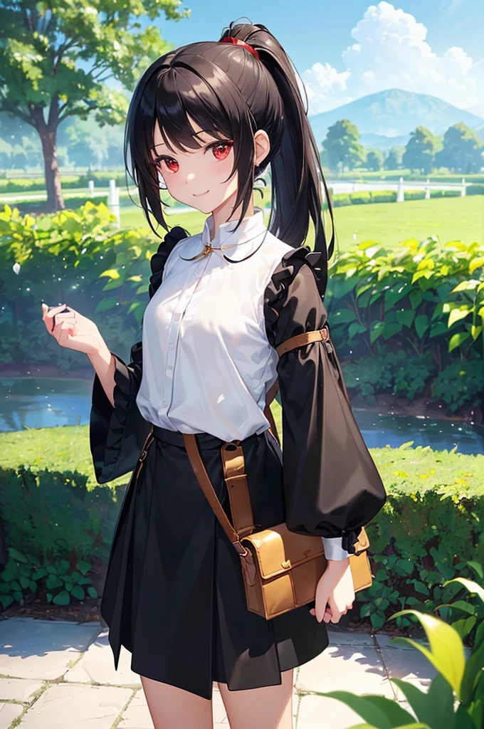 (masterpiece; best quality: 1.2), (finely detailed eyes: 1.3), ((10 year old female )), ((solo)), (red eyes: 1.4), (body; short, slender: 1.3), (black hair in ponytail: 1.3), (beautiful and clear background: 1.2), ((depth of field)), (clothes: wanderer mage attire + white-and-gold wide-sleeve shirt + very long black skirt + traveler pouches and satchel: 1.3), (anime illustration: 1.2), (background; garden exterior: 1.1), (extremely fine and beautiful: 1.1), (shot composition; standing + centered on torso + close-up: 1.5), (expression; calm, smile: 1.2)