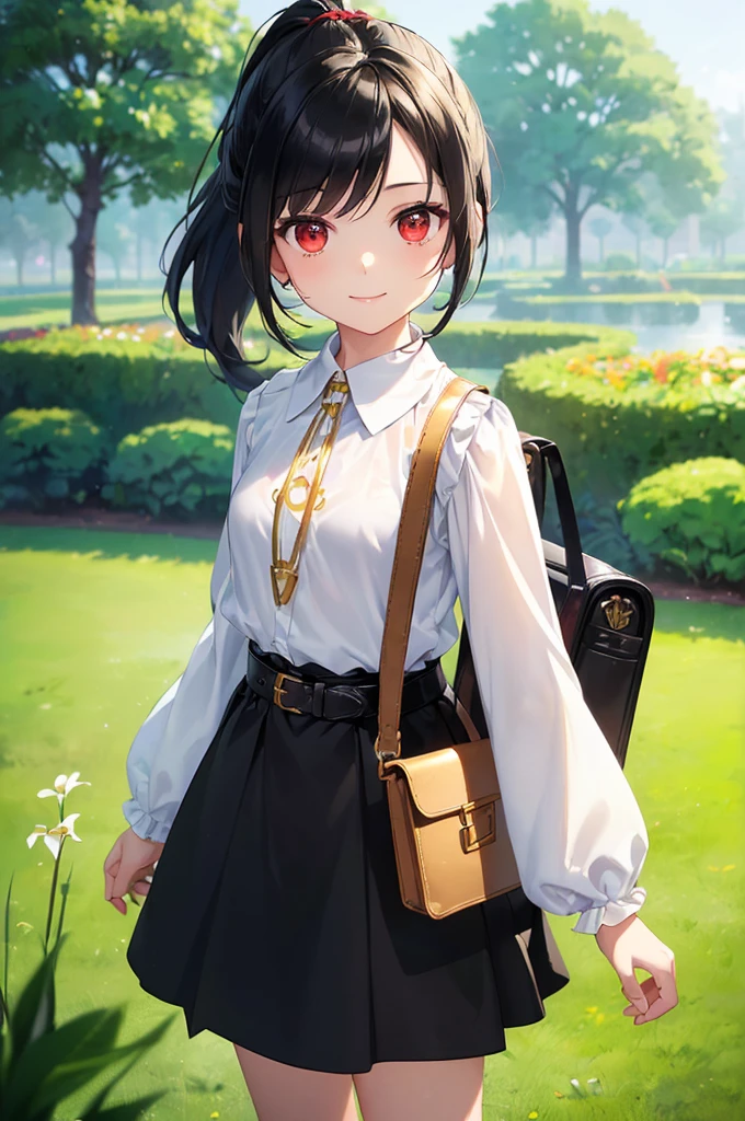 (masterpiece; best quality: 1.2), (finely detailed eyes: 1.3), ((10 year old female ???)), ((solo)), (red eyes: 1.4), (body; short, slender: 1.3), (black hair in ponytail: 1.3), (beautiful and clear background: 1.2), ((depth of field)), (clothes: wanderer mage attire + white-and-gold wide-sleeve shirt + very long black skirt + traveler pouches and satchel: 1.3), (anime illustration: 1.2), (background; garden exterior: 1.1), (extremely fine and beautiful: 1.1), (shot composition; standing + centered on torso + close-up: 1.5), (expression; calm, smile: 1.2)