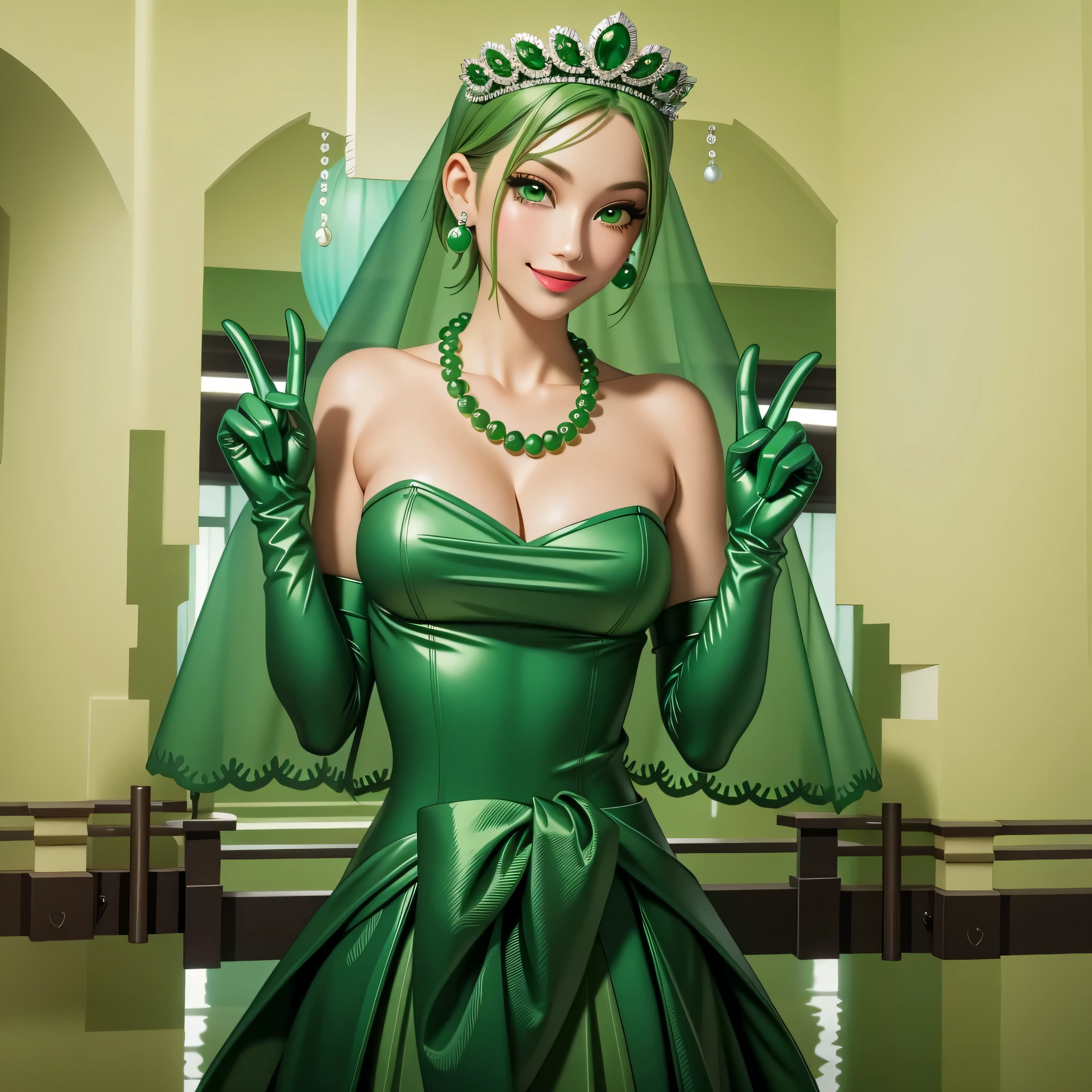 emerald tiara, Green Pearl Necklace, Boyish very short green hair, Green Lips, Smiling Japanese woman, Very short hair, Busty beautiful lady, Green Eyes, Green satin long gloves, Green Eyes, Emerald Earrings, Green veil,V sign, Green Hair, Beautiful Japanese Woman, green lip gloss