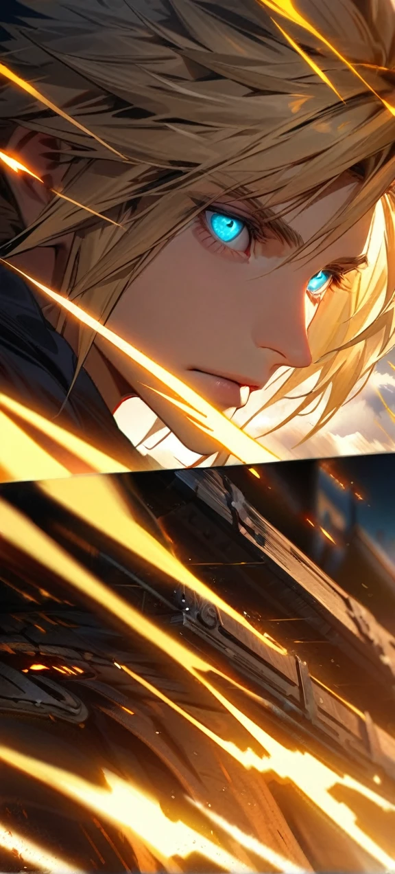 Symetrical,absurdres, highres, ultra detailed, HDR, masterpiece, extremely detailed face and eyes, Cloud Strife,final fantasy 7, yellow hair , , solo, man, handsome, ,, , Epic fight scene, yellow lightning effect, glowing glitters, close up