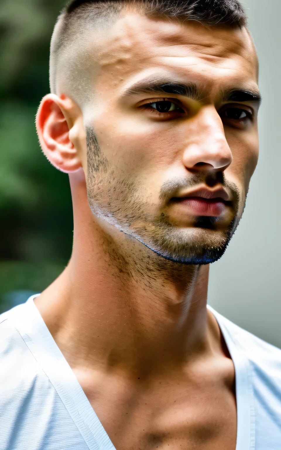 (ultra-high-resolution 8k, best quality, photo realistic:1.4) profile photo, BREAK american, (man), athlete, caucasian, 28years old, (buzz cut:1.2), square face, black and small eyes, stern eyes, thick and straight eyebrows, snub nose, plump lips, have distinct facial features, BREAK looking straight ahead, upper torso shot capturing his intense gaze, BREAK (muscular body), single eyelid, closed mouth and , Well-balanced face, wearing white no-sleeve top, exuding the vibe of a fashion model with a neutral, serious expression, BREAK