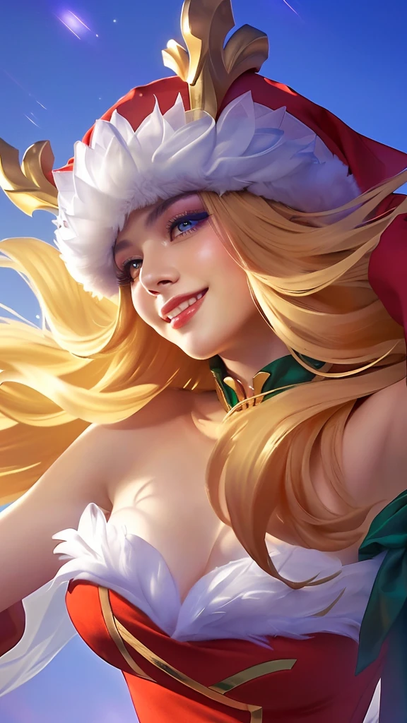 a close up portrait of a beautiful woman wearing a santa hat and a red dress, smile, crystallike skin, iconic character splash art, cinematic lighting, dramatic colors, highly detailed, intricate, masterpiece, photorealistic, 8k, sharp focus, ultra-detailed, hyperrealistic, volumetric lighting, chiaroscuro, dramatic pose, elegant, radiant, mesmerizing, ethereal, glowing, ornate, luxurious