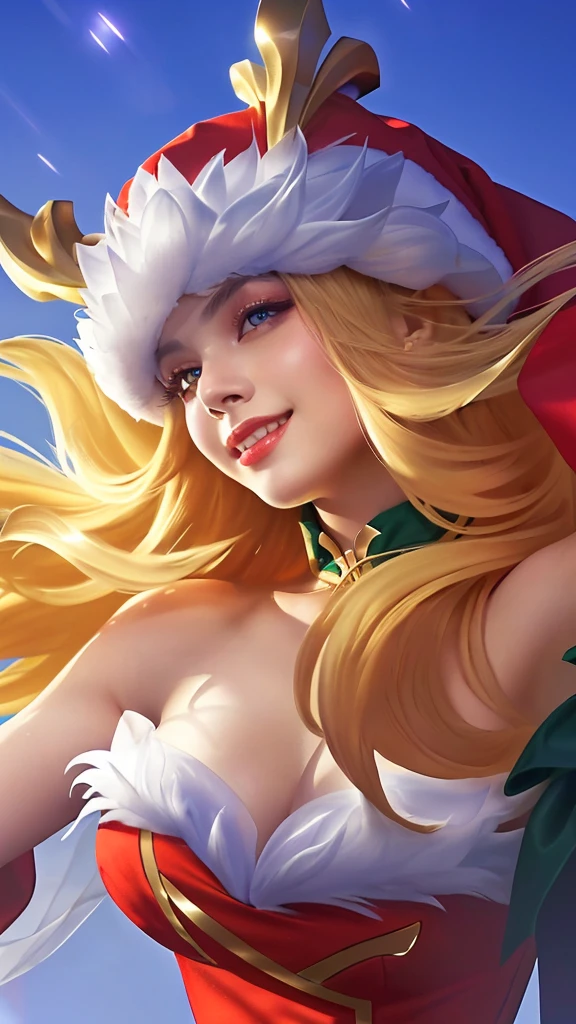 a close up portrait of a beautiful woman wearing a santa hat and a red dress, smile, crystallike skin, iconic character splash art, cinematic lighting, dramatic colors, highly detailed, intricate, masterpiece, photorealistic, 8k, sharp focus, ultra-detailed, hyperrealistic, volumetric lighting, chiaroscuro, dramatic pose, elegant, radiant, mesmerizing, ethereal, glowing, ornate, luxurious
