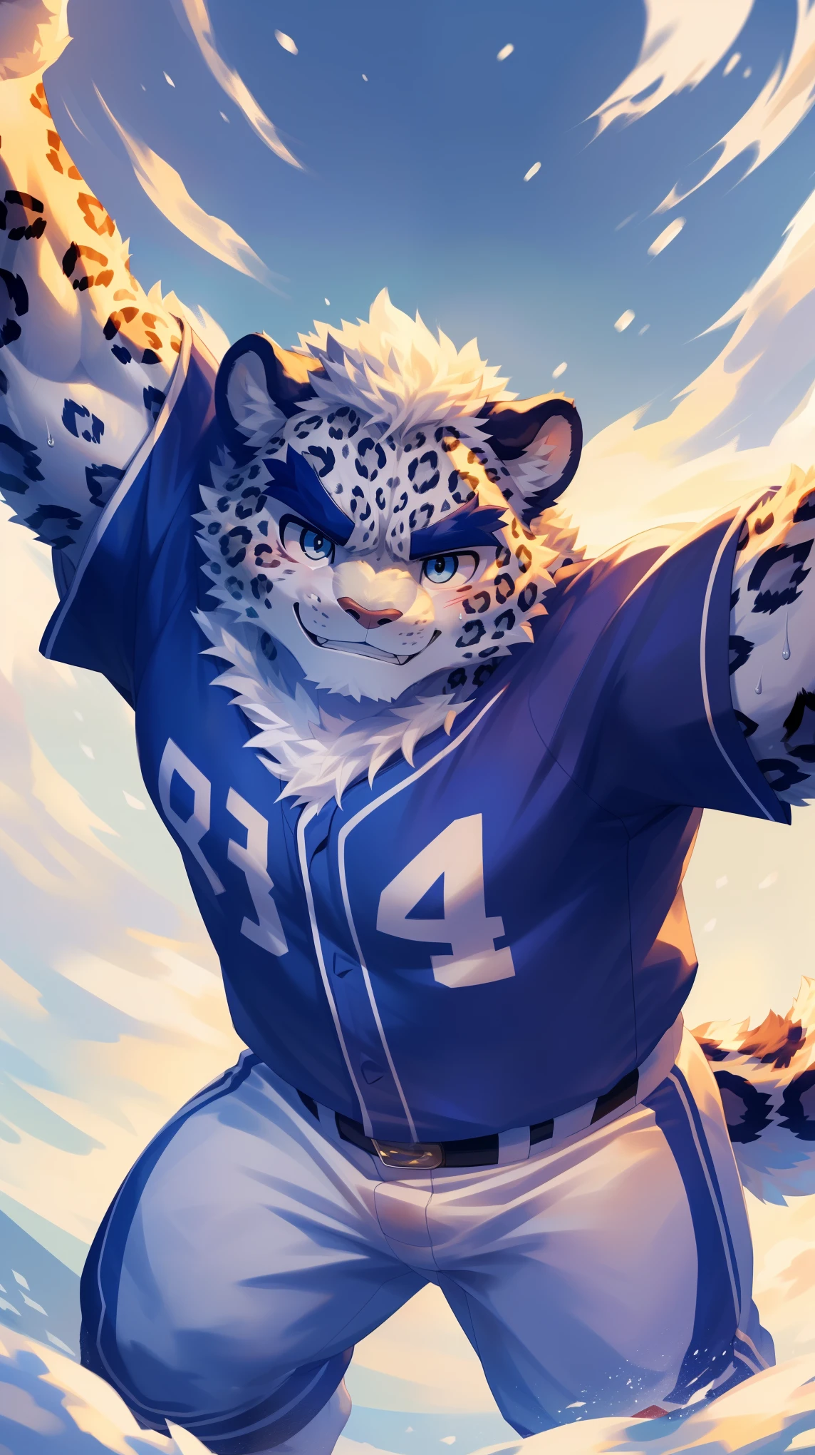 (Vision:1.5), solitary, anthropology, hairy, hairy male, snow leopard, ((Fluffy fur, Fluffy, hairy body)), (snow leopard print), (Thick eyebrows), youth, muscular, White and big skin, Blue-gray pupils, Detailed teeth, defaced face, fundos, baseball player, Gray purple baseball uniform, Small bump, On the pitch, Play baseball, sideways, Shy expression, A faint smile, blush, (Dynamic poses:1.5), Clear  features, Strong, majestic, Sweat,solitary, panoramic, Fog atmosphere, early morning, Tyndall light effect, On the pitch, (By Empty Ghost, From snow leopard20, masterpiece, high quality, high resolution,8K)