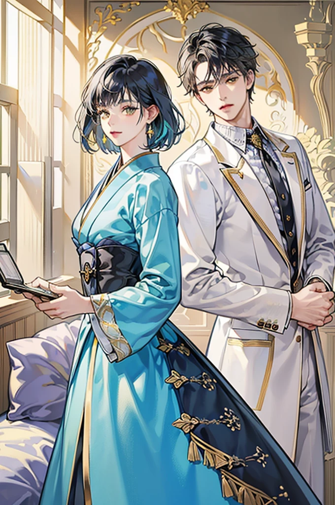 best quality, masterpiece, extremely detailed, short hair, messy black hair, bedroom eyes, soft yellow eyes, fancy light blue and white Japanese style suit, gold corset, small waist, gold earrings, hands behind back, proper pose, full body view, male, masculine man, one person, standing