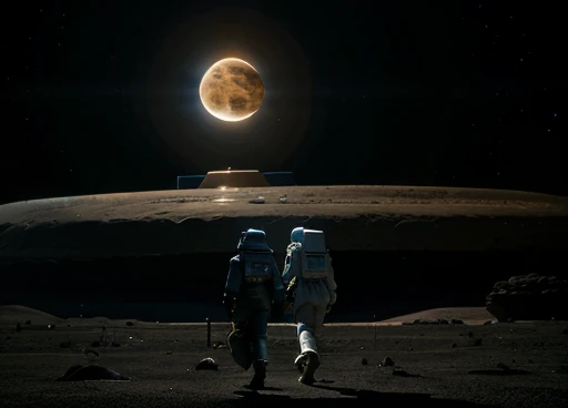A spaceship lands on a planet , the astronaut in his space uniform walks with a device in his hands analyzing the unknown environment of the planet. Atmosphere of the day. An Android walks alongside the astronaut helping to collect mineral samples from the planet.