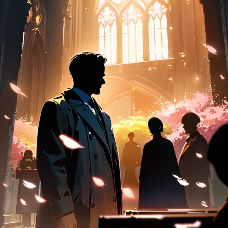 (best quality,8k,highres, masterpiece:1.2), (Silhouette art),ultra-detailed, HDR, UHD, studio lighting, ultra-fine painting, sharp focus, physically-based rendering, extreme detail description, professional, vivid colors, bokeh, portraits, concept artists, warm color palette, dramatic lighting,Man in black trench coat, staring at church, wedding ceremony in church, flower shower, sunny weather, sunshine in church, petals fluttering in the wind, cherry blossom tree,