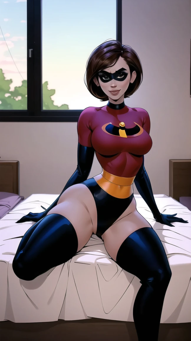 (masterpiece), best quality, depth of field, 1girl, solo, looking at viewer, smilling,breasts, helenparr, domino mask, mask, bodysuit, elbow gloves, thighhighs, thigh boots, wide hips, sitting on bed edge, ((legs full separated:1.4)), at the 's bedroom