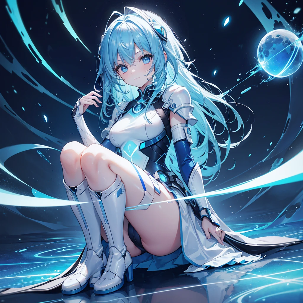 Write numbers on your cheeks、8K, Highest quality, (real:1.4), Original photo, 1 girl, Asari Hair, Biological Amplifier, Very sleek and futuristic armor, posture: Peace talks between warring factions,,attention arousal, smart blue eyes,A modest smile,Knee-high boots,Patent-look blue tights,Blue big moon and blue light swirl in the background,Blue light from behind,blue light magic,A small, glowing blue ball in the palm of your hand,Blue flame swirl,Blue Comet,Polished floor,