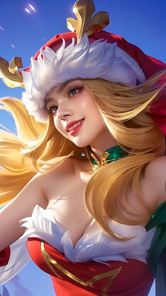a close up portrait of a beautiful woman wearing a santa hat and a red dress, smile, crystallike skin, iconic character splash art, cinematic lighting, dramatic colors, highly detailed, intricate, masterpiece, photorealistic, 8k, sharp focus, ultra-detailed, hyperrealistic, volumetric lighting, chiaroscuro, dramatic pose, elegant, radiant, mesmerizing, ethereal, glowing, ornate, luxurious