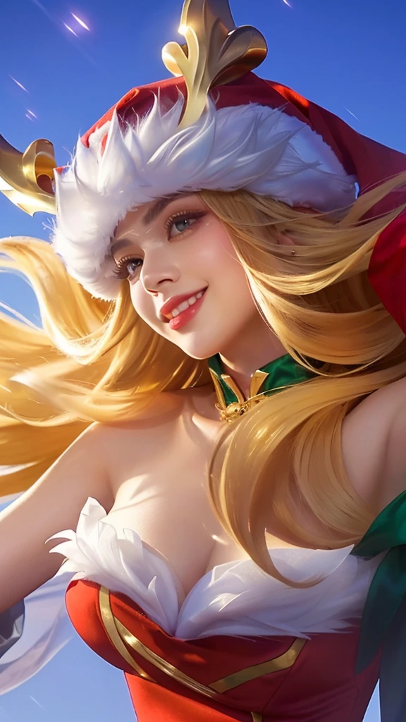 a close up portrait of a beautiful woman wearing a santa hat and a red dress, smile, crystallike skin, iconic character splash art, cinematic lighting, dramatic colors, highly detailed, intricate, masterpiece, photorealistic, 8k, sharp focus, ultra-detailed, hyperrealistic, volumetric lighting, chiaroscuro, dramatic pose, elegant, radiant, mesmerizing, ethereal, glowing, ornate, luxurious
