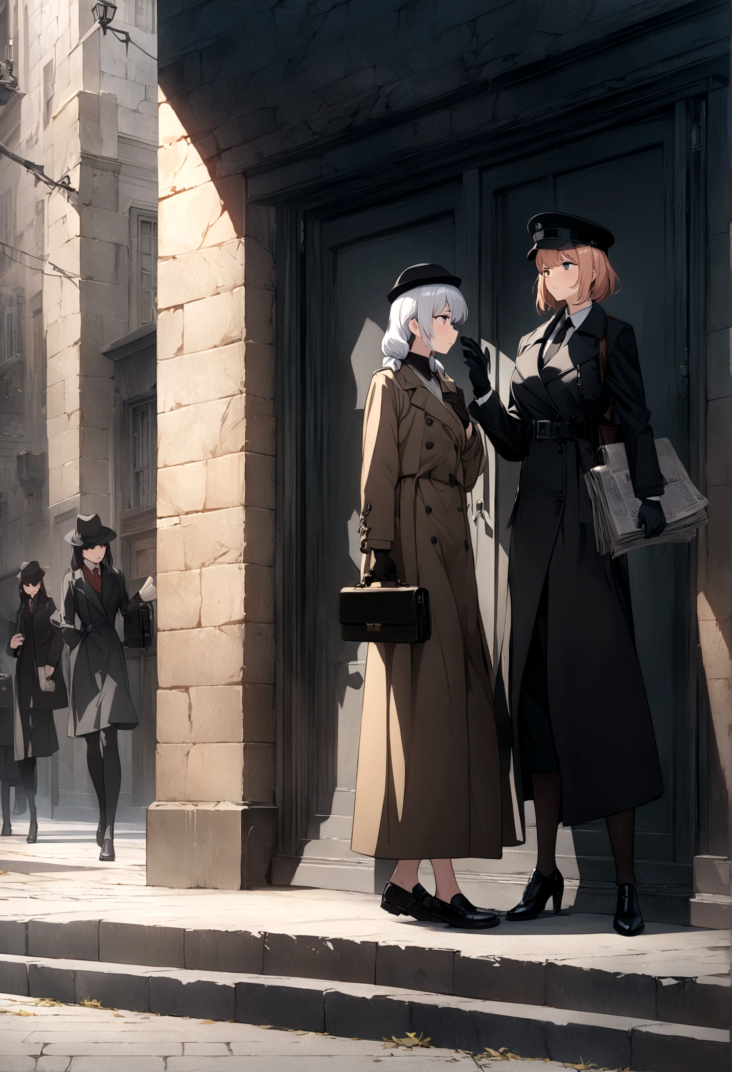 ((Masterpiece, top quality, high resolution)), ((highly detailed CG unified 8K wallpaper)), Screenshot from a spy movie, two women having a secret conversation on a street corner, wearing black hats, black sunglasses, black trench coats, black gloves, black shoes, holding an attache case and newspaper in one hand, Dynamic composition,