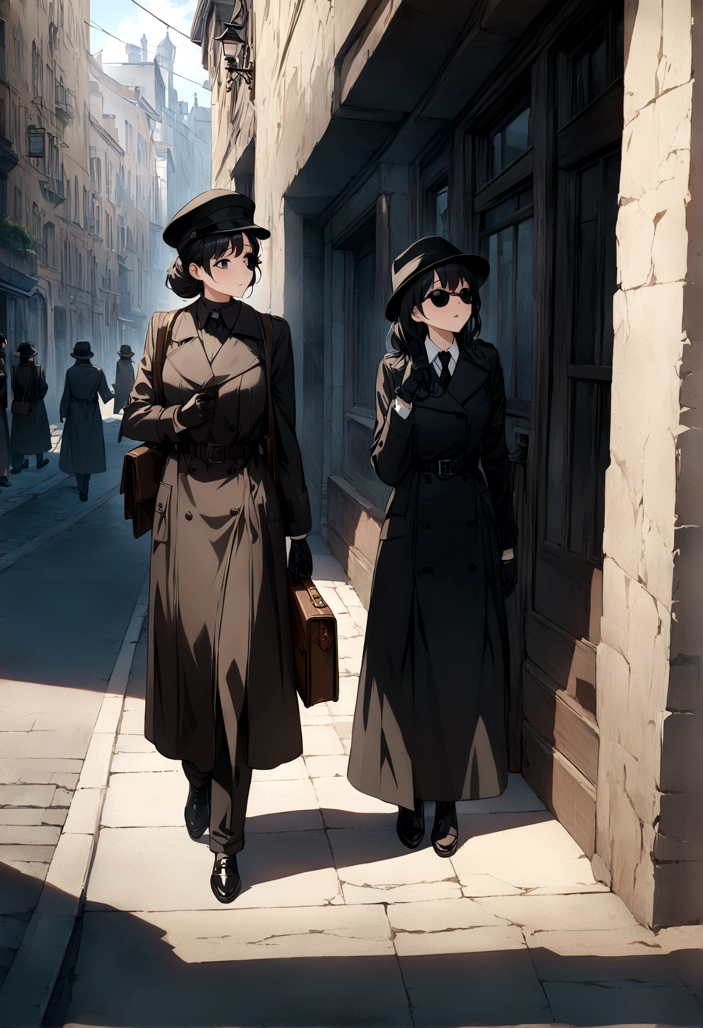 ((Masterpiece, top quality, high resolution)), ((highly detailed CG unified 8K wallpaper)), Screenshot from a spy movie, two women having a secret conversation on a street corner, wearing black hats, black sunglasses, black trench coats, black gloves, black shoes, holding an attache case and newspaper in one hand, Dynamic composition,