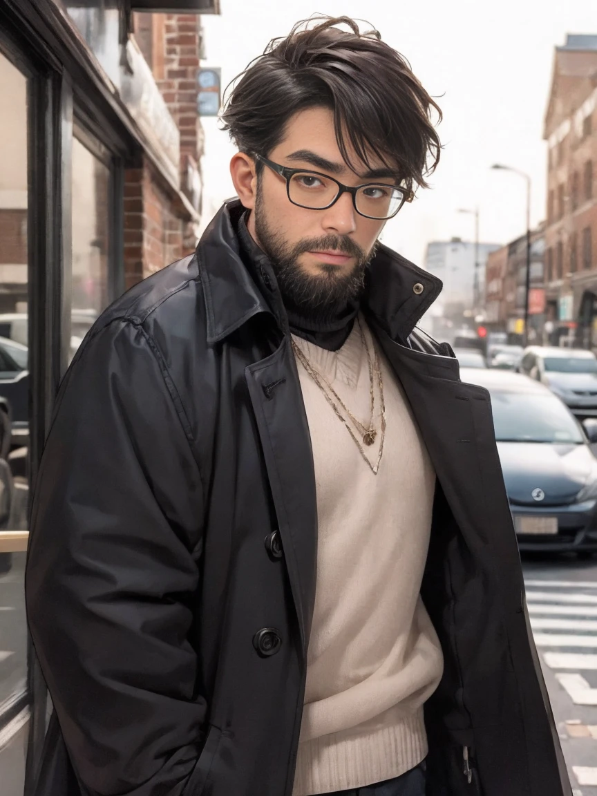 Highest quality, 1 boy, Glasses, Stubble, beard, At vintage cafes and on street corners、A scene where a man wearing a black trench coat exudes an old-fashioned vibe。Warm lighting enhances the atmosphere。