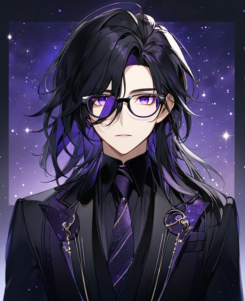 (black_hair), (long_male_hair), (deep_purple_eyes), (detailed_eyes), (attractive), (emotionless), (Deep_space_background), (male), (wearing _a_black_suit), (long_male_hair), (detailed_Hair), (detailed), (detailed_mouth), (mysterious), (complicated), (wears_transparent_glasses), (glasses_shape_square) 