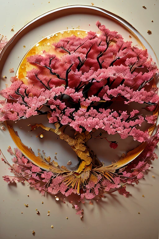 Exceptional quality, ultra-detailed (encaustic technique:1.3), 1 scene, lone cherry tree, encaustic wax on wooden board, vivid red and white cherry blossoms, golden moonlit background, glowing full moon (moonbeams:1.2), gently illuminating the scene, starry sky (stars:1.4), twinkling in the distance, tall and slender cherry tree branches swaying slightly, (cherry blossom petals:1.1) softly falling to the ground below, (enkaustic technique:1.4) showcasing intricate details and textures, masterpiece quality, best