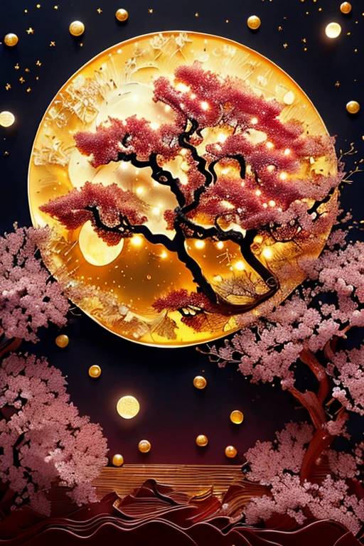 Exceptional quality, ultra-detailed (encaustic technique:1.3), 1 scene, lone cherry tree, encaustic wax on wooden board, vivid red and white cherry blossoms, golden moonlit background, glowing full moon (moonbeams:1.2), gently illuminating the scene, starry sky (stars:1.4), twinkling in the distance, tall and slender cherry tree branches swaying slightly, (cherry blossom petals:1.1) softly falling to the ground below, (enkaustic technique:1.4) showcasing intricate details and textures, masterpiece quality, best