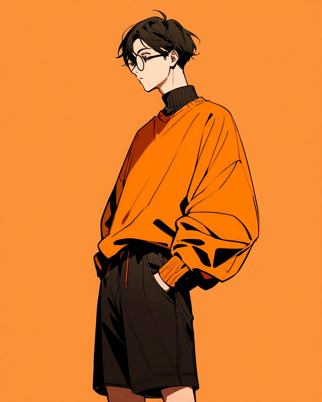 An illustration of a teenage boy with a stylish and relaxed appearance, set against an orange background. The boy has light is wearing round glasses. He is dressed in an oversized orange sweater with black accents, paired with black shorts. The overall style is minimalist and modern, with clean lines and a focus on the contrasting colors of orange and black. The illustration has a fashionable and trendy feel, with the boy standing casually, his hand in his pocket. The image should convey a cool and laid-back vibe."