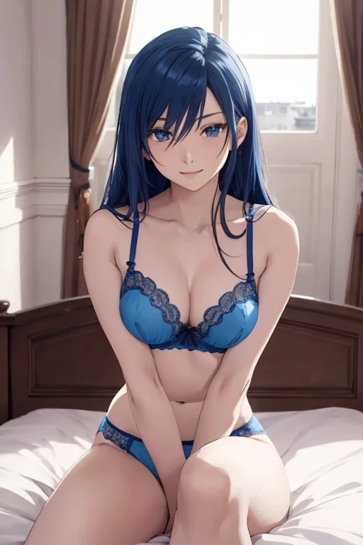 create an anime girl sitting cross-legged on a luxurious bed with blue underwear, 24 years old in a landscape of a luxurious room and with a face of love