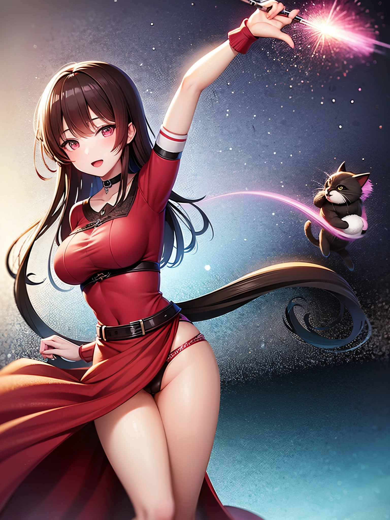 red-brown hair womanher eyes brown and her clothes a skirt pink and ribom pink night with stars, fighting with her super gun pink with your black cat fighting,