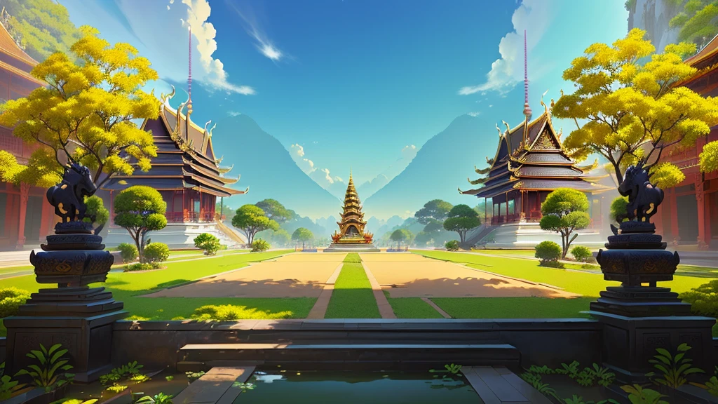 there is a painting of a courtyard with 2 gold elephants statue thailand and thailand temple, arena background, mobile game background, background art, background artwork, palace background, game background, temple background, volley court background, zen temple background, anime background art, royal garden background, amazing wallpaper, anime background, 2 d game art background, park background, anime scenery concept art, videogame background, Cassia fistula, far architect thailand, thailand temple, temple behind, thailand mood, thailand backgound