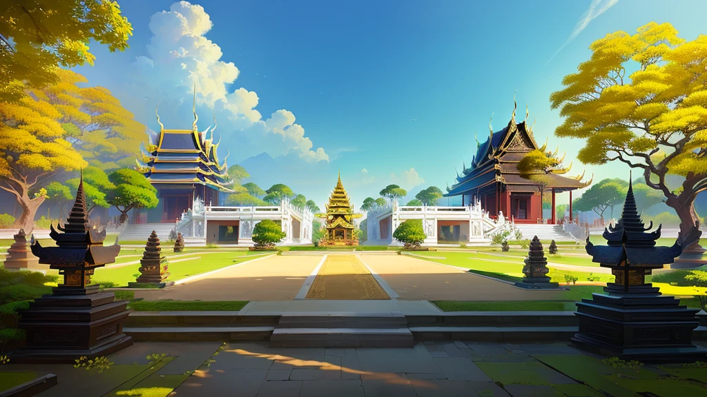 there is a painting of a courtyard with 2 gold elephants statue thailand and thailand temple, arena background, mobile game background, background art, background artwork, palace background, game background, temple background, volley court background, zen temple background, anime background art, royal garden background, amazing wallpaper, anime background, 2 d game art background, park background, anime scenery concept art, videogame background, Cassia fistula, far architect thailand, thailand temple, temple behind, thailand mood, thailand backgound