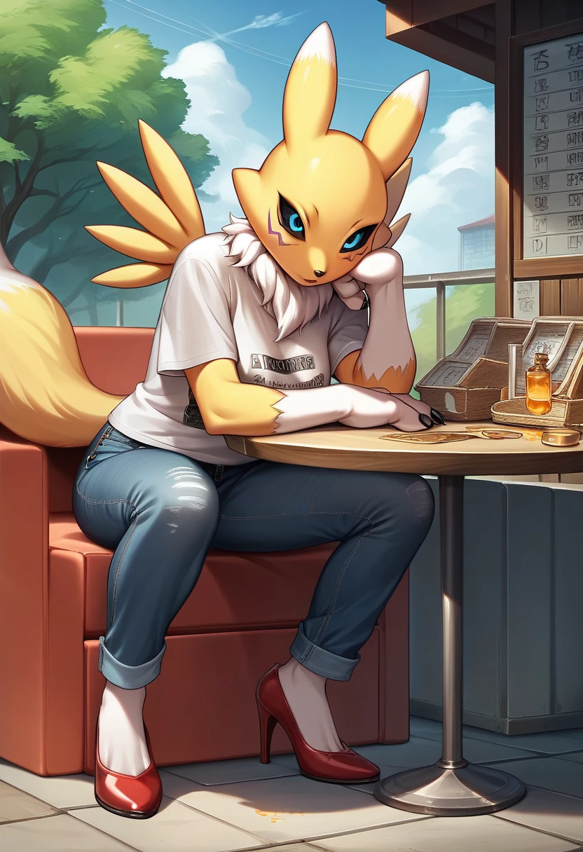 Fraction_9, Fraction_8_up, Fraction_7_up, Fraction_6_up, Fraction_5_Direction_4_up, rest, src_Japanese cartoons, Endless, Official Art, masterpiece, 1 Girl, renamon (Digimon), anthropology, Lovely, , very younger, young, , Uncensored, Oversized T-shirt, big jeans,Red high heels, Sexy, Honey, ??????????, Dagasi, Blink