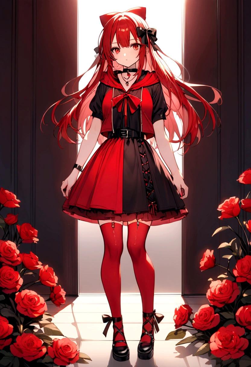 a with a red skirt and a black skirt that is under the red shirt . red stockings . red zip up hoodie, black shirt underneath with short sleeves and ,red hair, long hair and a flower with a ribbon on the bottom on the side on the hair and red eyes has a black Choker , and a small heart red necklace , full body has a ribbon bow waistband. Her main color is red