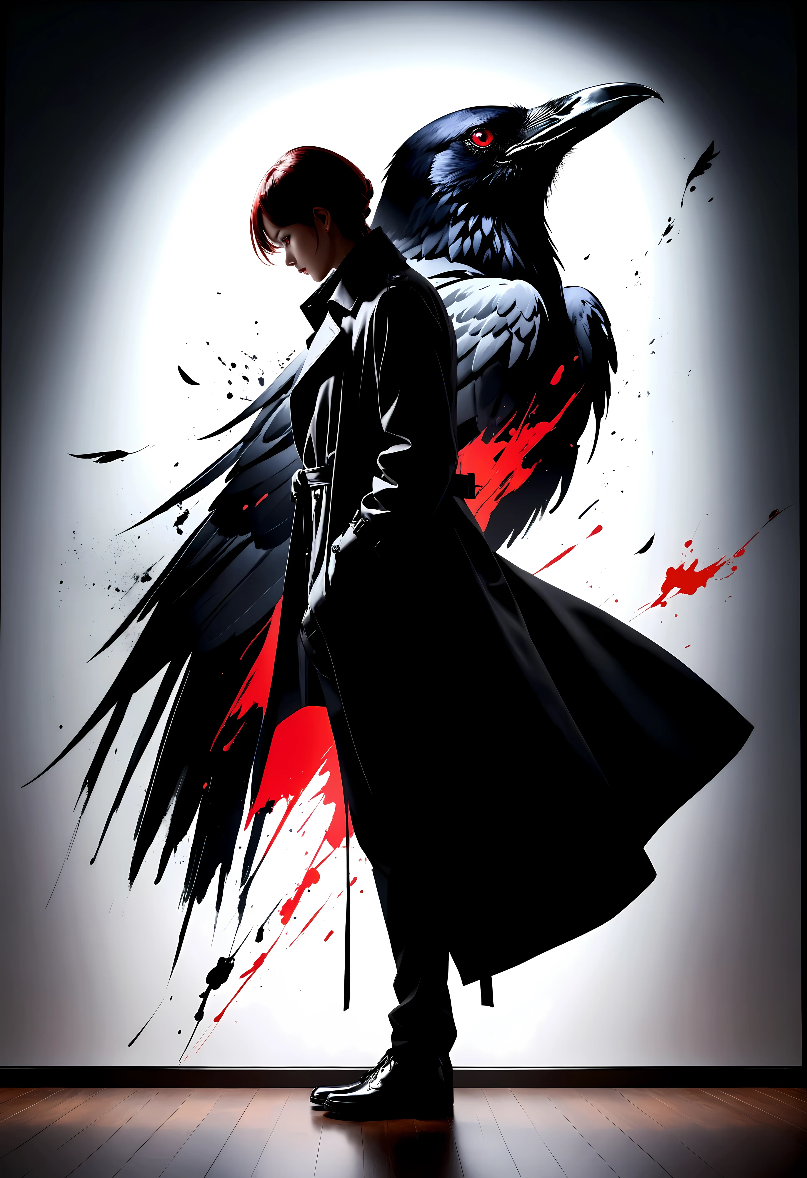 ((Full body):1.2),((Selective color):1.1), Drawing of a Karasu Tengu in Black Trench Coat with Red Eye, silhouette of crow in background, smooth lines, fine art piece, Express expressions and postures through ink contrast, emphasize light, shadow and space. figurative art, (best quality, 4K, 8k, high resolution,masterpiece:1.2) ,(actual, photoactual, photo-actual:1.37). ((perfect_composition, perfect_design, perfect_layout, perfect_detail, ultra_detailed)), ((enhance_all, fix_everything)), More Detail, Enhance.
