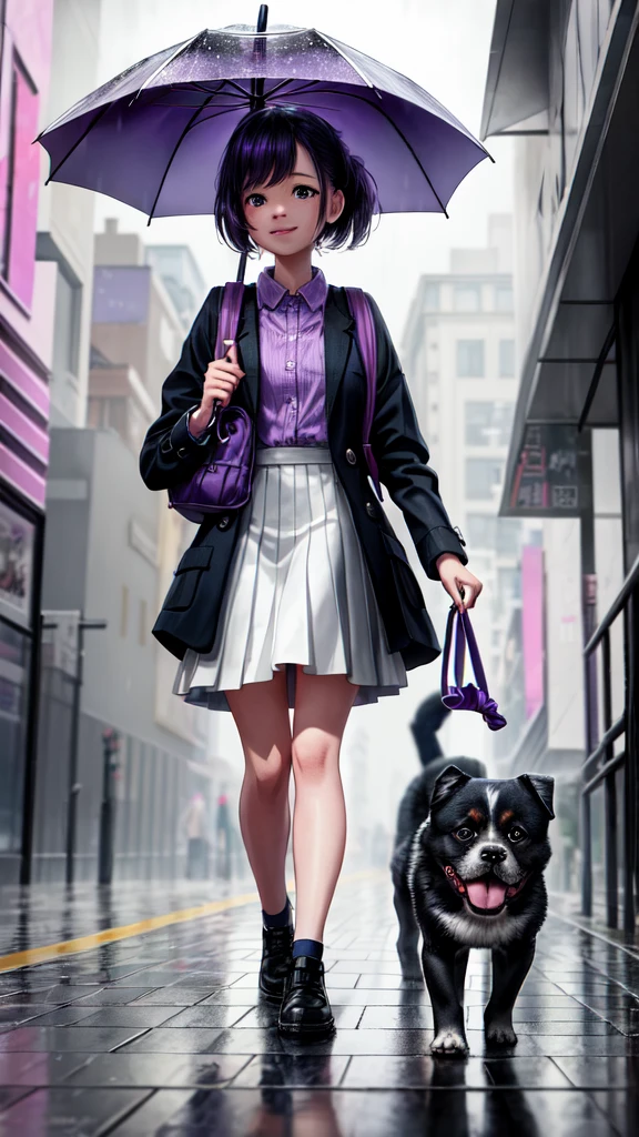 An incredibly charming , carrying a backpack, accompanied by her adorable puppy, she is walking under rainy day with a purple umbrella on the Street. The illustration is in high definition at 4k resolution, with highly-detailed facial features and cartoon-style visuals. Animation 3d style