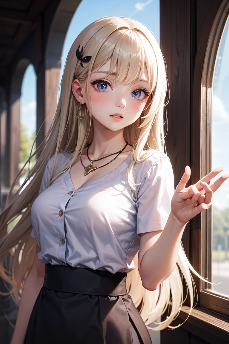 A young woman with long, luscious locks and a subtle blush on her cheeks stands confidently, her breasts visible beneath a white, short-sleeved shirt. Her bangs frame her parted lips, which seem to whisper secrets only to the viewer. A delicate hair ornament adorns her tresses, matching the elegance of her black skirt with side slit. Around her neck lies a dainty necklace, complemented by earrings that catch the sunlight filtering through the sky. Her hand rises, as if beckoning the audience closer, while her eyes hold a playful sparkle, inviting us into her world.