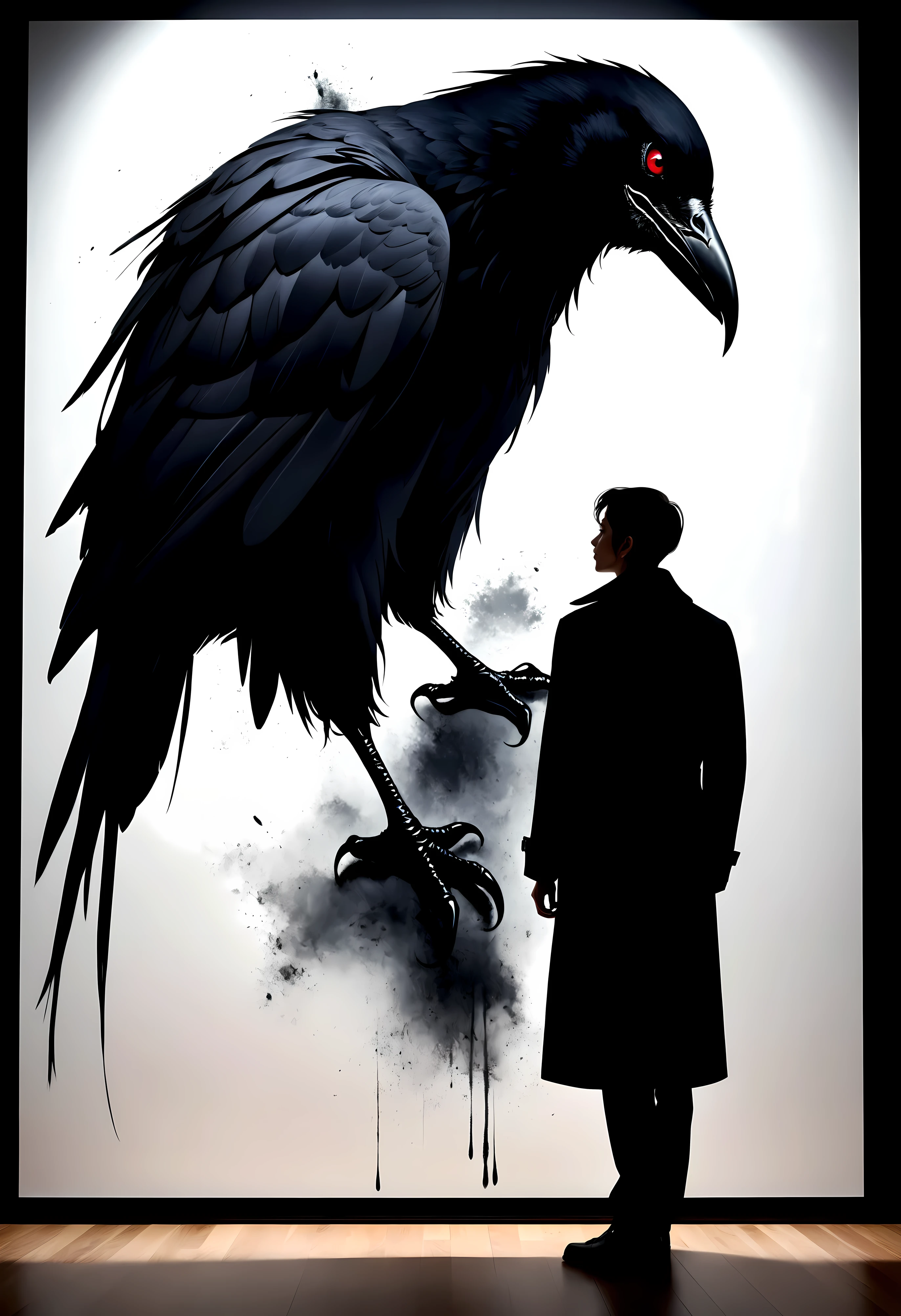 ((Full body):1.2),((Selective color):1.1), Drawing of a Karasu Tengu in Black Trench Coat with Red Eye, silhouette of crow in background, smooth lines, fine art piece, Express expressions and postures through ink contrast, emphasize light, shadow and space. figurative art, (best quality, 4K, 8k, high resolution,masterpiece:1.2) ,(actual, photoactual, photo-actual:1.37). ((perfect_composition, perfect_design, perfect_layout, perfect_detail, ultra_detailed)), ((enhance_all, fix_everything)), More Detail, Enhance. | Rendered in ultra-high definition with UHD and retina quality, this masterpiece ensures anatomical correctness and textured skin with super detail. With a focus on high quality and accuracy, this award-winning portrayal captures every nuance in stunning 16k resolution, immersing viewers in its lifelike depiction. (((anatomical correctness))), (((perfect_fingers))), (((perfect_legs))), (((perfect_hands))), ((perfect_composition, perfect_design, perfect_layout, perfect_detail, ultra_detailed)), ((enhance_all, fix_everything)), More Detail, Enhance.