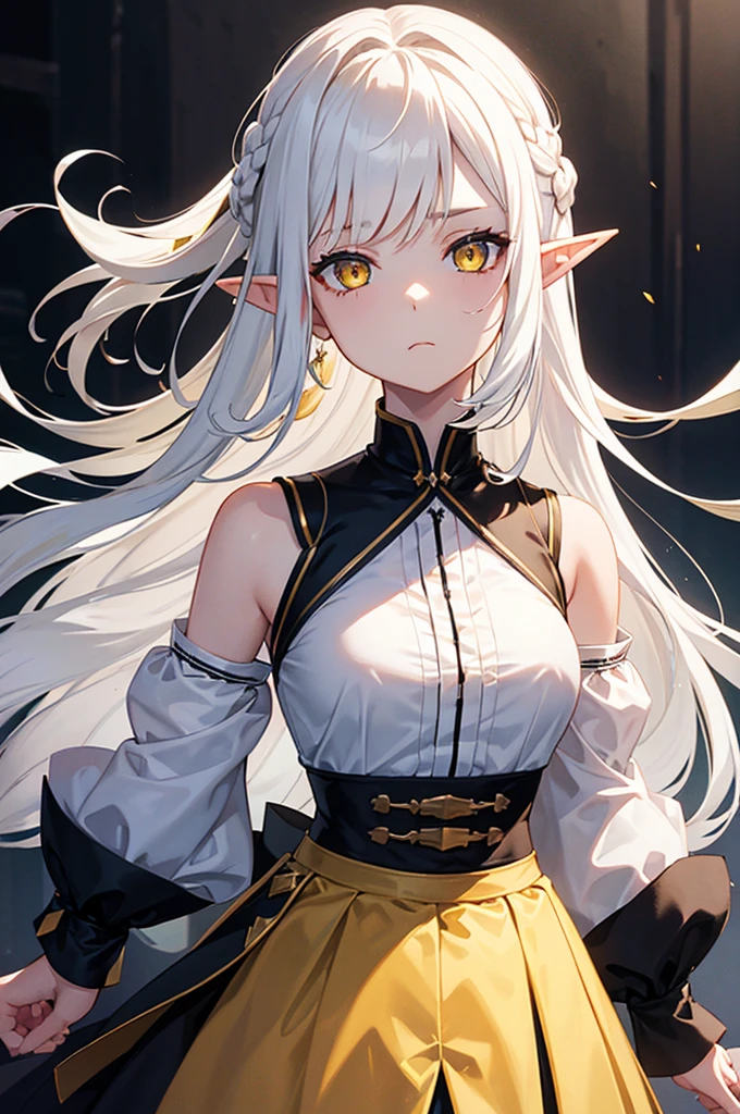 1 girl, One, long hair, yellow eyes, White hair, bare shoulders, skirt, breast, cut off sleeves,bang, long sleeves, hair flaps, closed mouth, black skirt,, shirt, pointed ears, elf