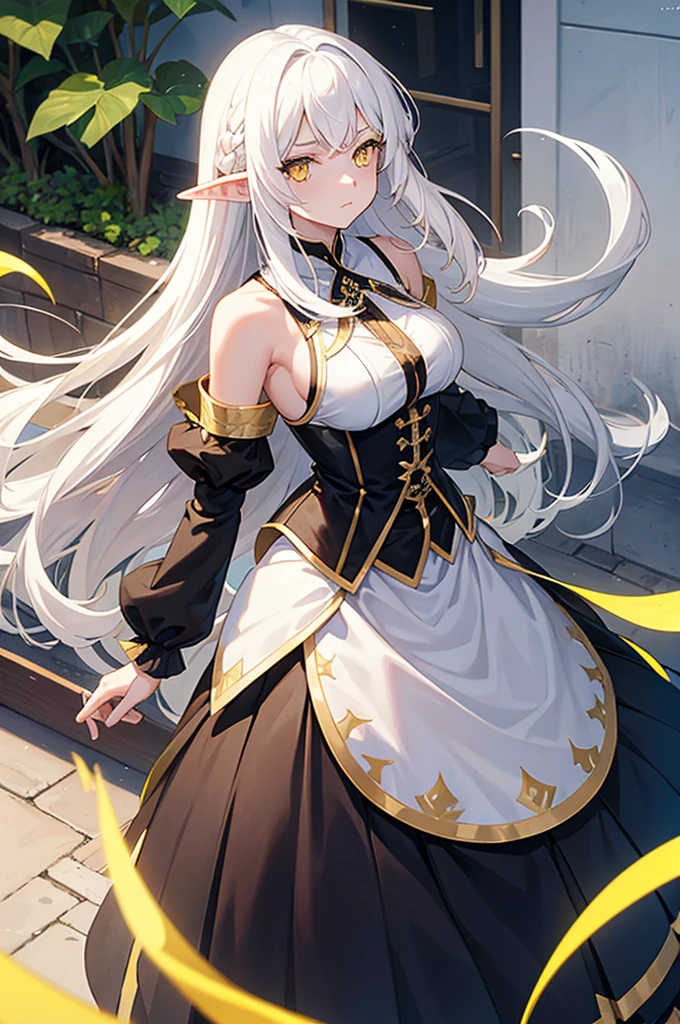 1 girl, One, long hair, yellow eyes, White hair, bare shoulders, skirt, breast, cut off sleeves,bang, long sleeves, hair flaps, closed mouth, black skirt,, shirt, pointed ears, elf