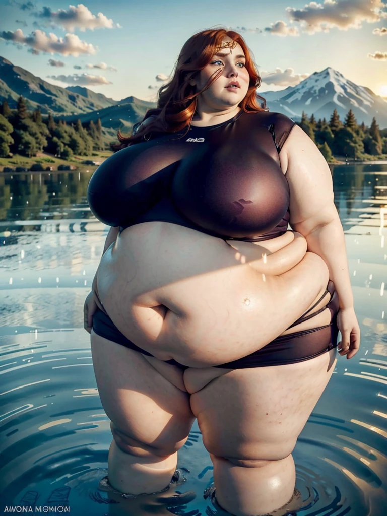 The most beautiful very obese young obese ussbbw fat redhead woman with long rich curly natural ginger hair, natural beautiful cute face, blue eyes, freckles on face and body, busty obese ussbbw fat feminine body, huge fat obese bloated soft belly, very wide hips and large fat booty, fat arms, thicc fat wide obese legs in a tight swimsuit in a lake at sunset