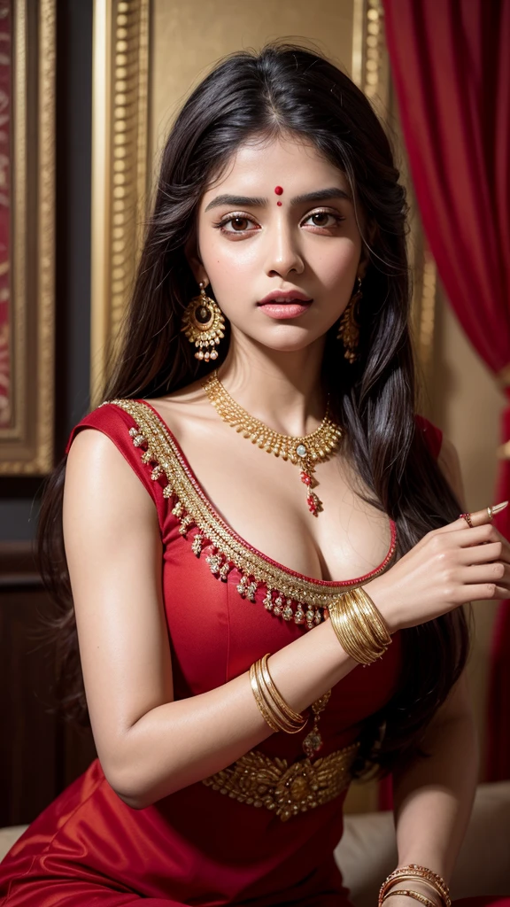 painting of a women in red dress with gold neckless,inspired by ravi varma ,by ravi varma,portrait of a beautiful goddess,beautiful face,brown skin,beautiful hands and fingers,charming,ravshing beauty of a women,portrait oil painting of realistic indian women,16k resolution
