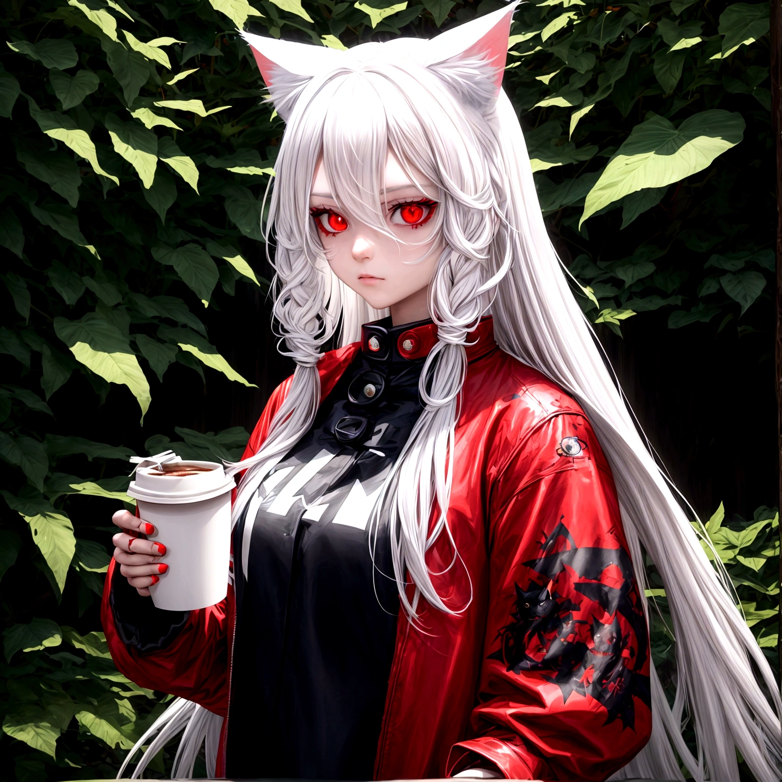 1 girl, beautiful, cool, long hair, white hair, cat ear, red eye, black jacket, red t-shirt, holding a coffee, nature place, perfect, anti glitch