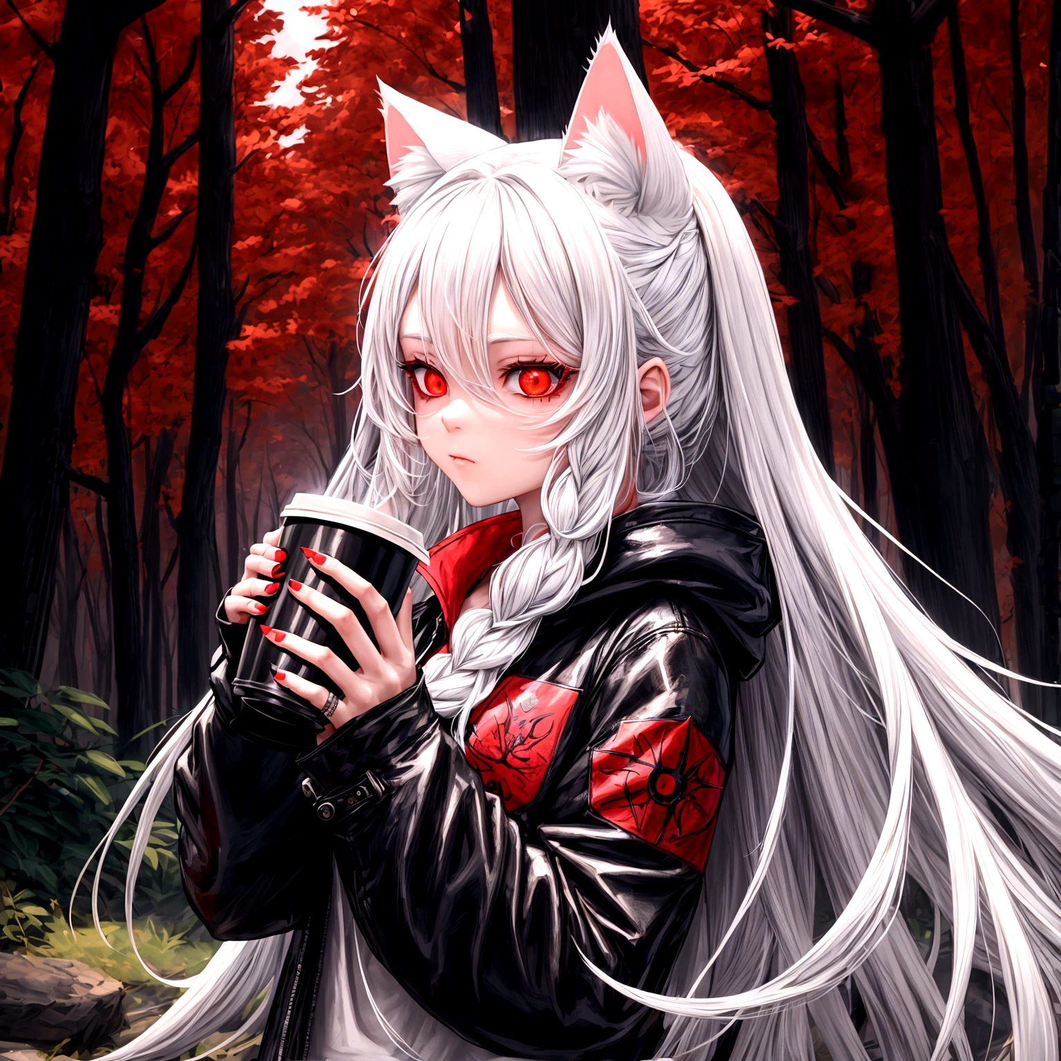 1 girl, beautiful, cool, long hair, white hair, cat ear, red eye, black jacket, red t-shirt, holding a coffee, nature place, perfect, anti glitch