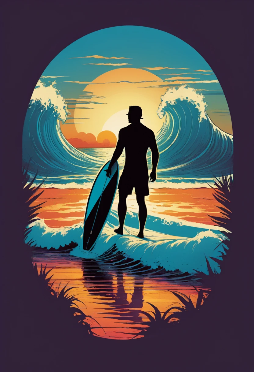 creative logo ilustration of a silhouette riding a surfboard with the sunset and waves,, featuring the word ( HOT SUMMER), only three warm colors, digital art style by dan mumford, marc simonetti, frank frazetta, sketch, high definition, negative space, logo style, T-shirt design