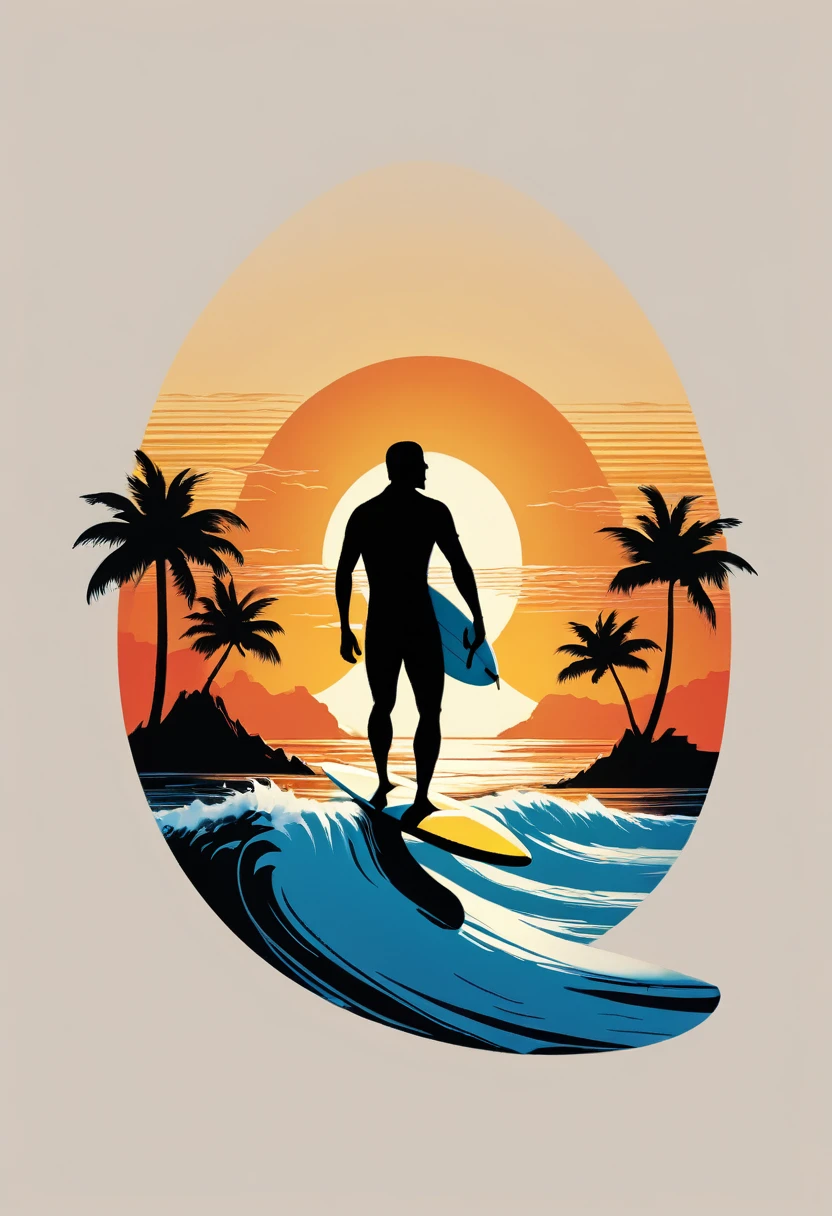 creative logo ilustration of a silhouette riding a surfboard with the sunset and waves,, featuring the word ( HOT SUMMER), only three warm colors, digital art style by dan mumford, marc simonetti, frank frazetta, sketch, high definition, negative space, logo style, T-shirt design