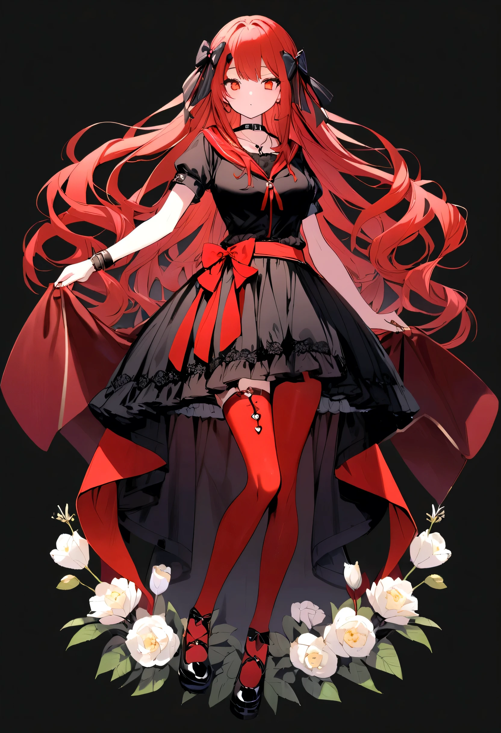 a with a red skirt and a black skirt that is under the red shirt . red stockings . red zip up hoodie, black shirt underneath with short sleeves and ,red hair, long hair and a flower with a ribbon on the bottom on the side on the hair and red eyes has a black Choker , and a small heart red necklace , full body has a ribbon bow waistband ,