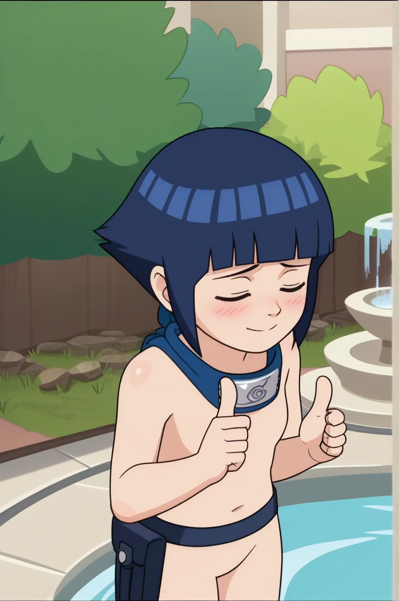 score_9, score_8_above,fountain_cheered up,
 short hair, dark blue hair, 1 girl, blunt bangs, shiny hair,naked, looking to the side,shy, blush, leather trim, standing, SMILE, Closed mouth,standing, cowboy shot, Sales, thigh holster,symbol of konohagakure, forehead protector,nod,double thumbs above, Closed eyes, 
outdoor, forest,
cheered up screencap, cheered up coloring,