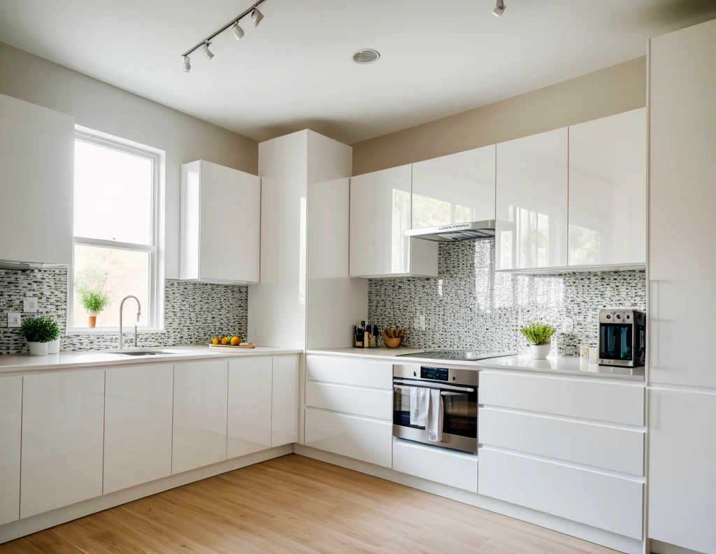 kitchen interior, modern style, white cabinet, neutral color scheme, fa fridge, window, door, beautiful lighting, (realistic:1.2), Raw photo,Masterpiece, high quality, best quality, authentic, super detail,