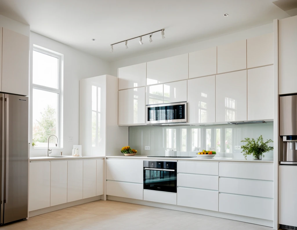 kitchen interior, modern style, white cabinet, neutral color scheme, fa fridge, window, door, beautiful lighting, (realistic:1.2), Raw photo,Masterpiece, high quality, best quality, authentic, super detail,