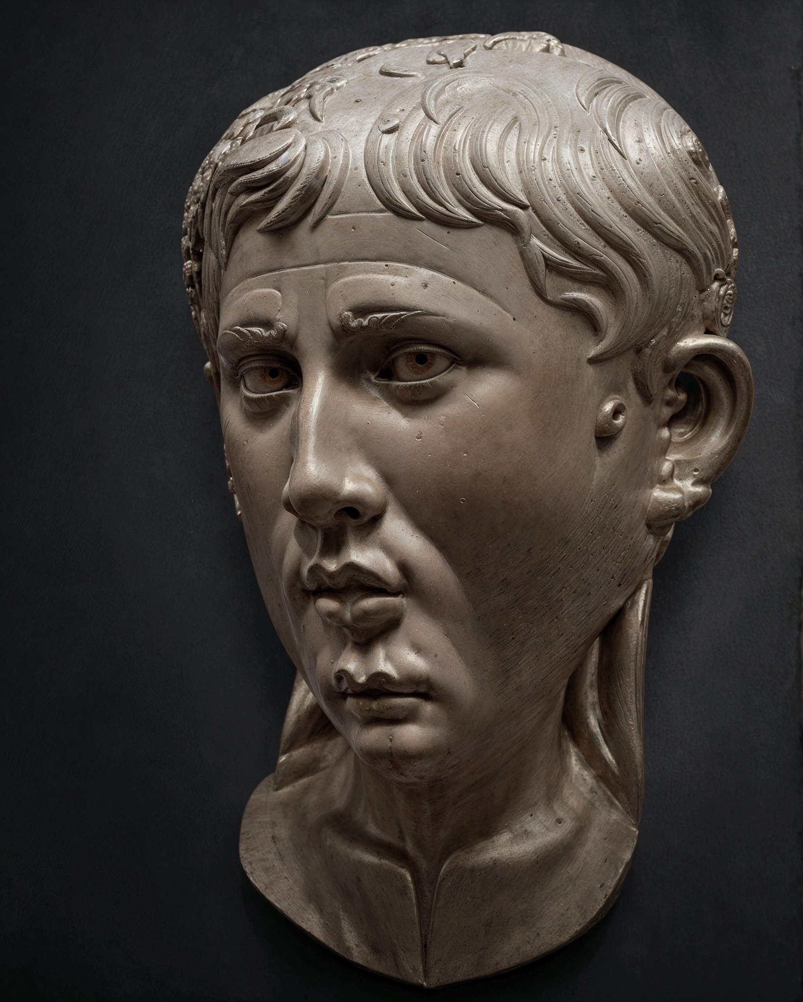 Realistic portrait of Caesar Augustus looking directly at the camera, showing his imposing stature and determined expression. Make sure you capture the details of his insightful gaze.. The scene should evoke the power and authority of the Roman Empire and the opulence of the character.