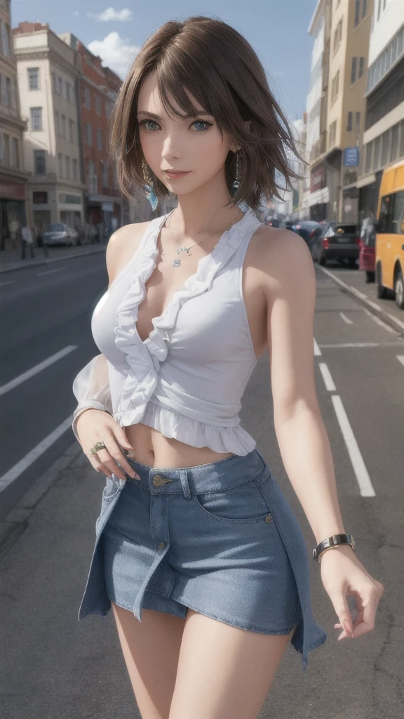 best quality,masterpiece,8k wallpaper,absurdres, highres, ultra detailed, (****ung beautiful girl, solo:1.1), yuna (ff10),heterochromia, green eyes,  brown hair, short hair, blue eyes, jewelry, ring,dress shirt,overall skirt,hand between legs,cityscape, skyscraper,east_asian_architecture, street,BREAK