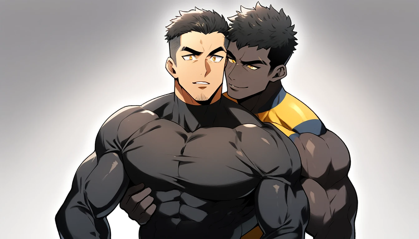 anime characters:Two superheroes in tights, Muscle superhero, negro black skin, They hugged and kissed each other, Caress, Manliness, male focus, Yellow and black striped high collar long sleeve tight T-shirt, Slightly transparent material, Very tight, Round, full and perky chest muscles, Male dog waist, Slightly transparent, muscular male, muscular, only, Upper body, alone, Black short hair, Thick eyebrows, stubble, Yellow eyes, Grey background, simple background, amazing quality, best aesthetics, Ridiculous, bright pupils, crew cut, parted lips, seductive smile, torogao, naughty face, drop shadow, best quality